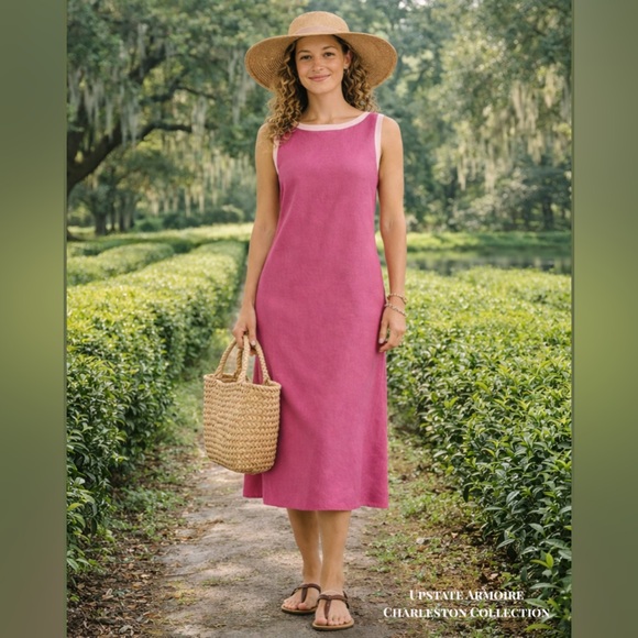 Vintage Talbots Irish Linen Sleeveless Sheath Midi Dress Pink Size 8 - Picture 2 of 16